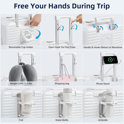 Hard Shell Suitcases Airline Approved 20 Inch Carry on Luggage, Expandable Travel Luggage Carry on Luggage with Cup Holder Charger Built in, Lightweight Small Suitcases with Wheels, White