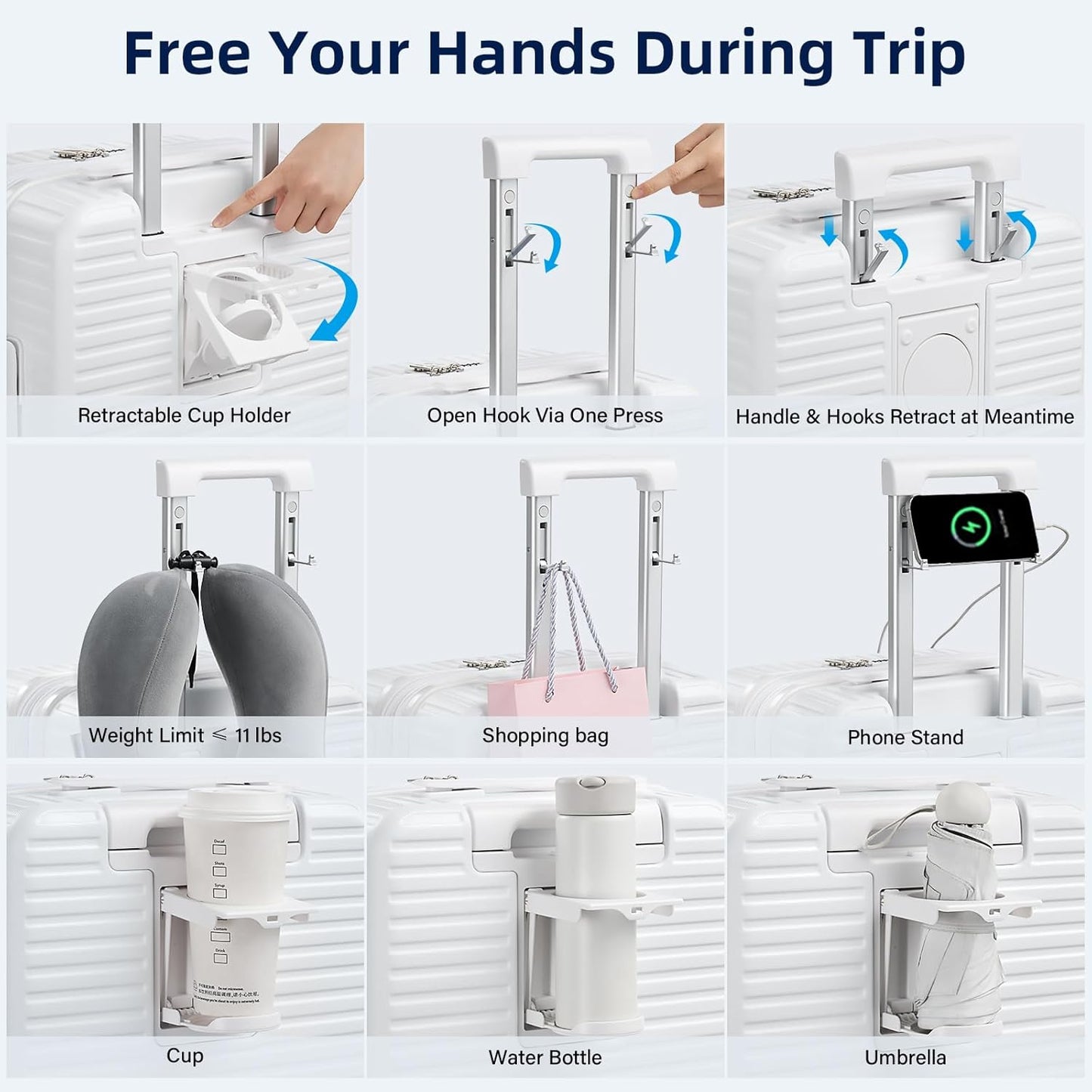 28 Inch Luggage Hard Shell Suitcases, Expandable Travel Checked Luggage 28 Inch, Large Check In Luggage with Spinner Wheels Cup Holder Charger Built in Lightweight Suitcase, White