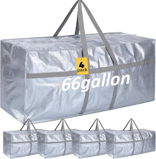 4 Pcs 66 Gallon Large Moving Bags with Zipper and Handles Foldable Storage Duffle Bags Heavy Duty Extra Large Totes for College Dorm Travel Clothes Blankets Bedding Moving (Silver)