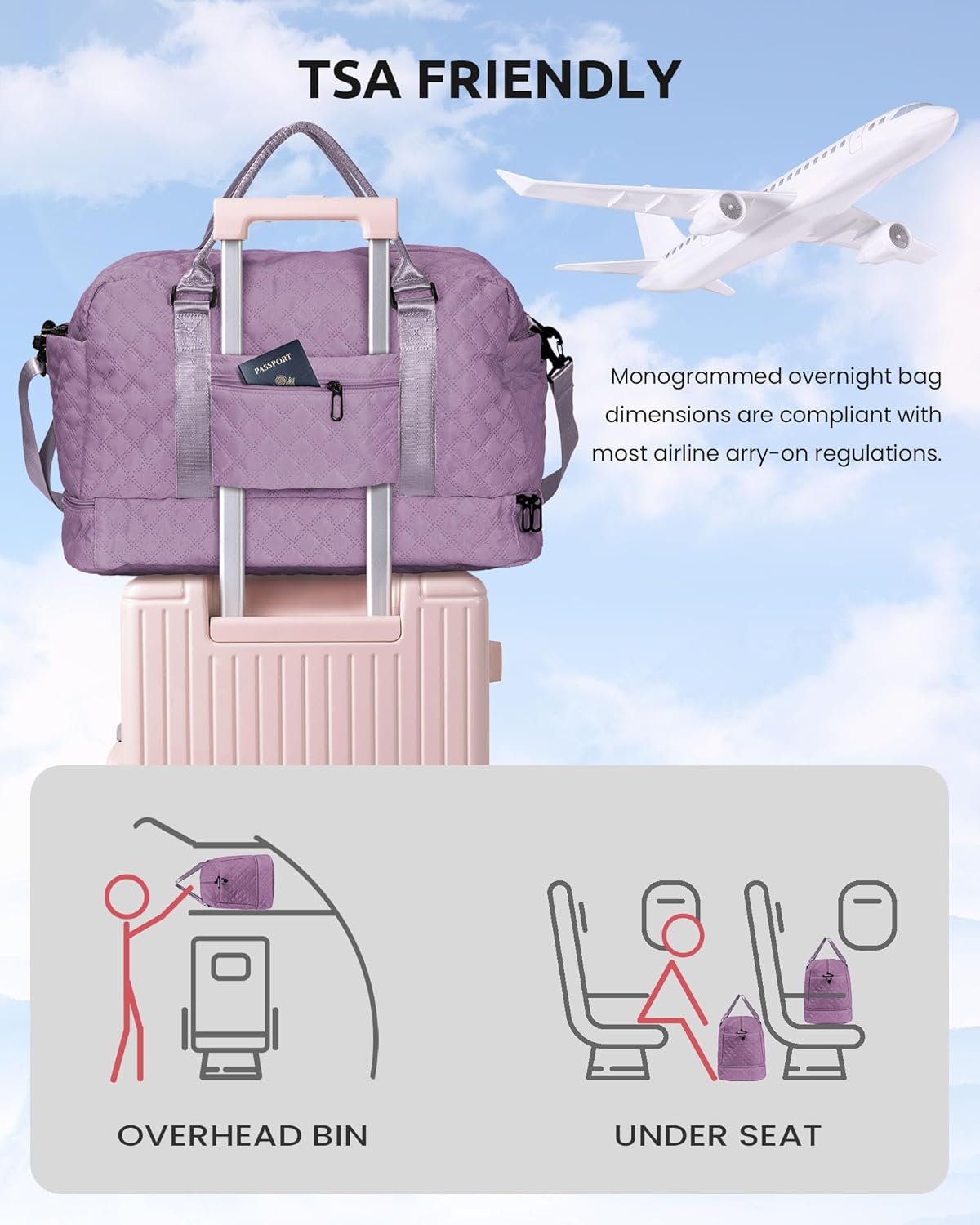 Weekender Bags for Women Travel, Personalized Weekender Bag with Shoulder Strap, Monogram Overnight Bag for Women with Trolley Sleeve & Wet Pocket, Letter Travel Bag (Letter J)