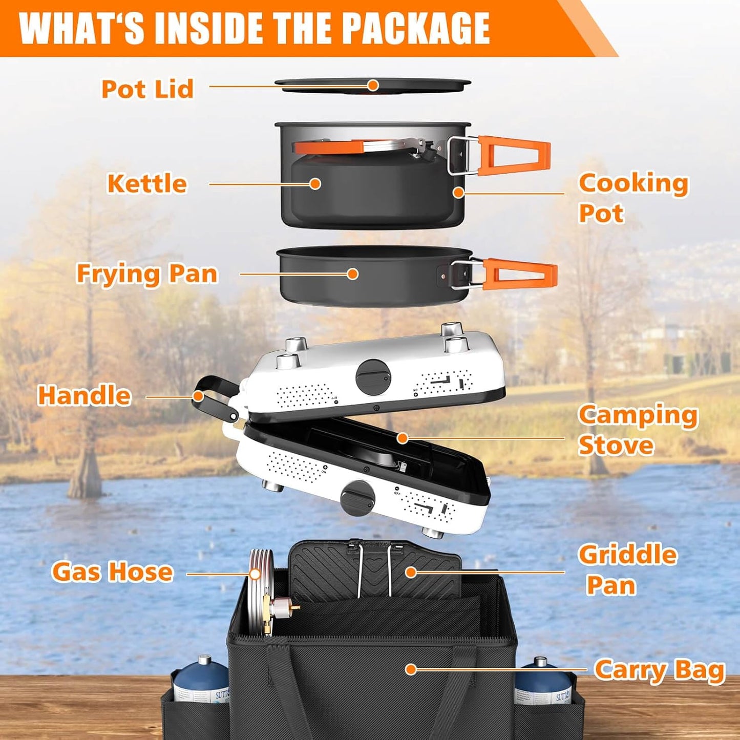 Hisencn Portable Camping Stove, 2 Burner Foldable Camp Stove, 20000 BTU Folding Gas Stove, Portable Propane Stove with Carry Bag, Adjustable Burners & Piezo Ignition, Includes Frying Pan, Kettle, Pot