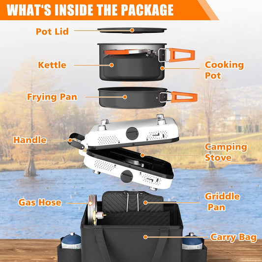 Hisencn Portable Camping Stove, 2 Burner Foldable Camp Stove, 20000 BTU Folding Gas Stove, Portable Propane Stove with Carry Bag, Adjustable Burners & Piezo Ignition, Includes Frying Pan, Kettle, Pot