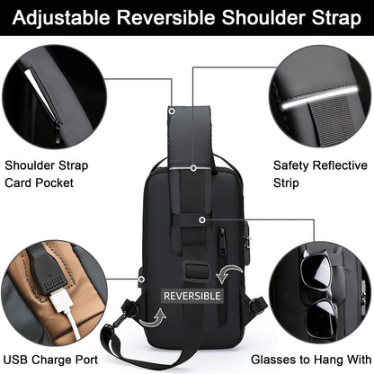 Sling Bag for Men Anti-theft USB Crossbody Shoulder Backpack Purse Waterproof PU Leather Chest Bag Travel Daily Use