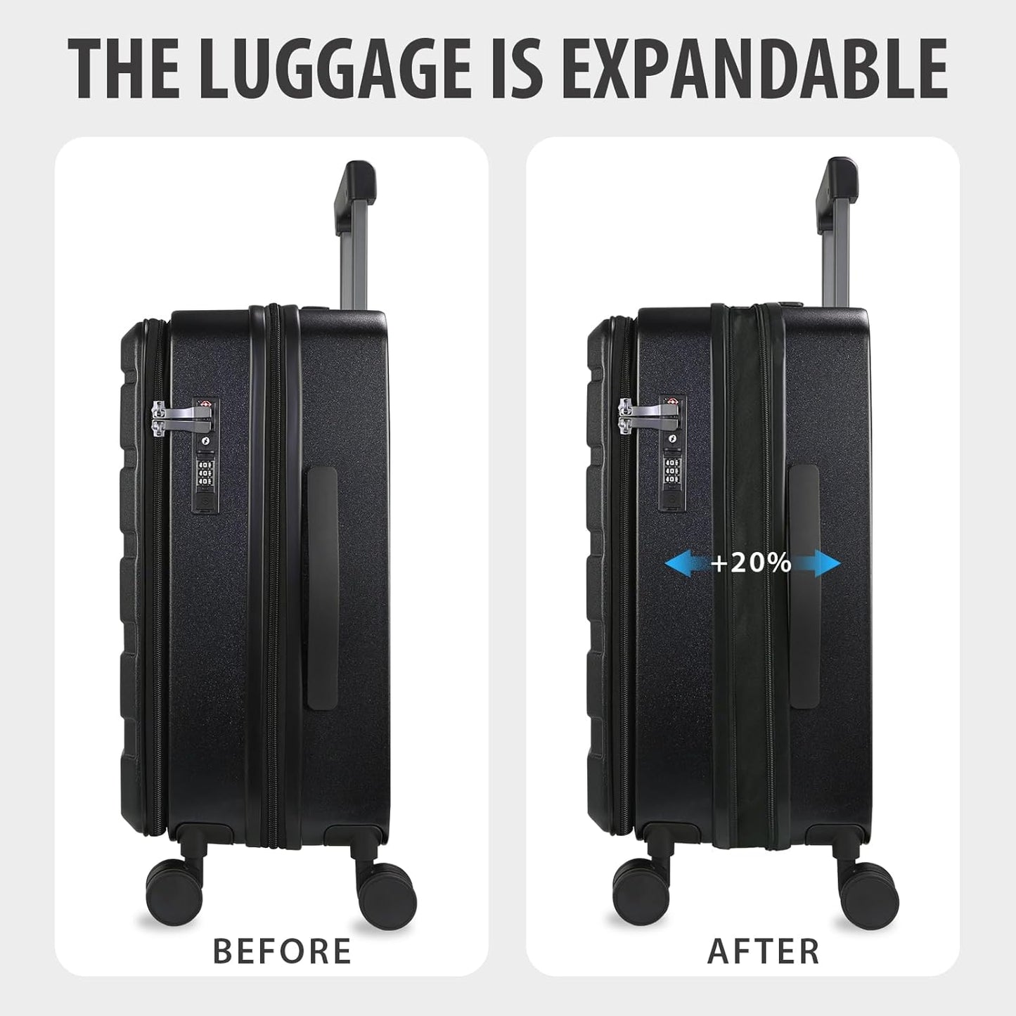 KROSER Carry On Luggage with Spinner Wheels & Built-in TSA Lock, Expandable Top Loading Hard Shell Suitcase Large Capacity Durable Rolling Luggage with USB Port, Carry-On 20-Inch, Black