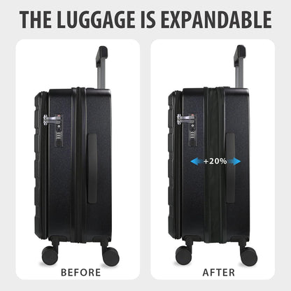 KROSER Carry On Luggage with Spinner Wheels & Built-in TSA Lock, Expandable Top Loading Hard Shell Suitcase Large Capacity Durable Rolling Luggage with USB Port, Carry-On 20-Inch, Black