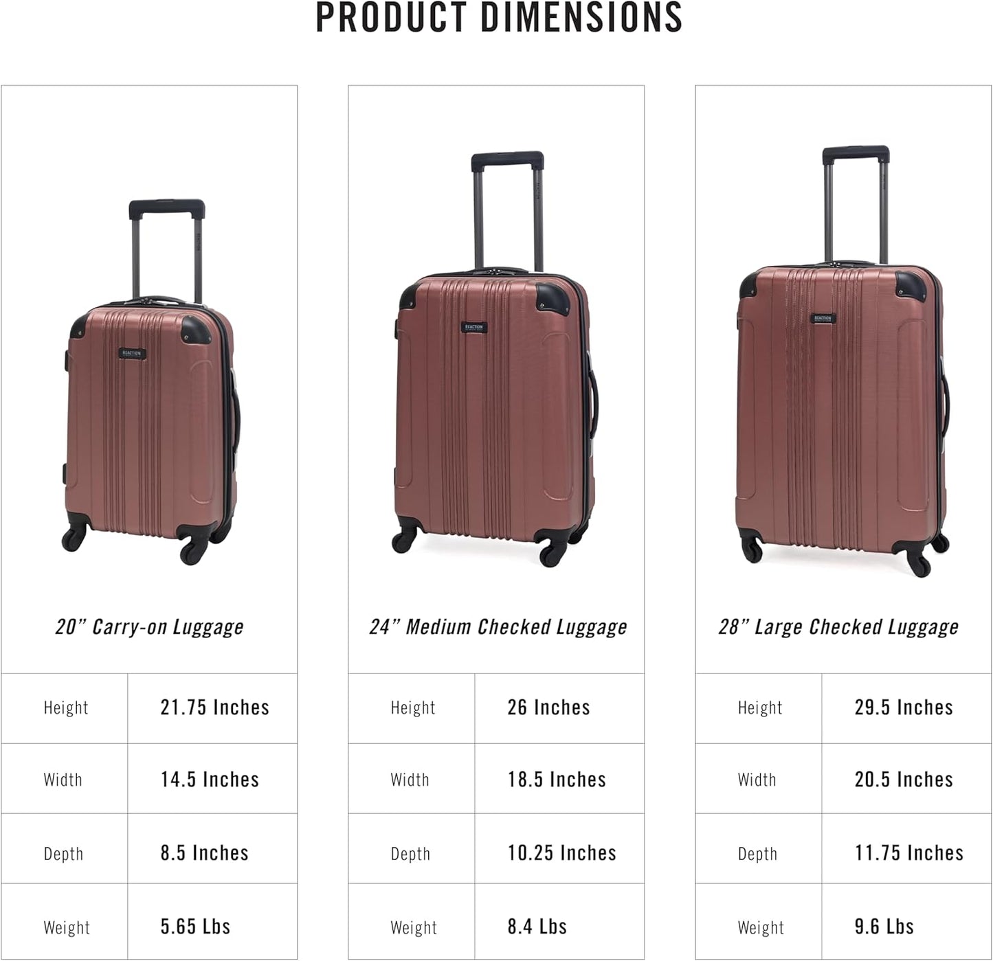 Kenneth Cole REACTION Out of Bounds Lightweight Hardshell 4-Wheel Spinner Luggage, Rose Gold, 3-Piece Set (20", 24", & 28")
