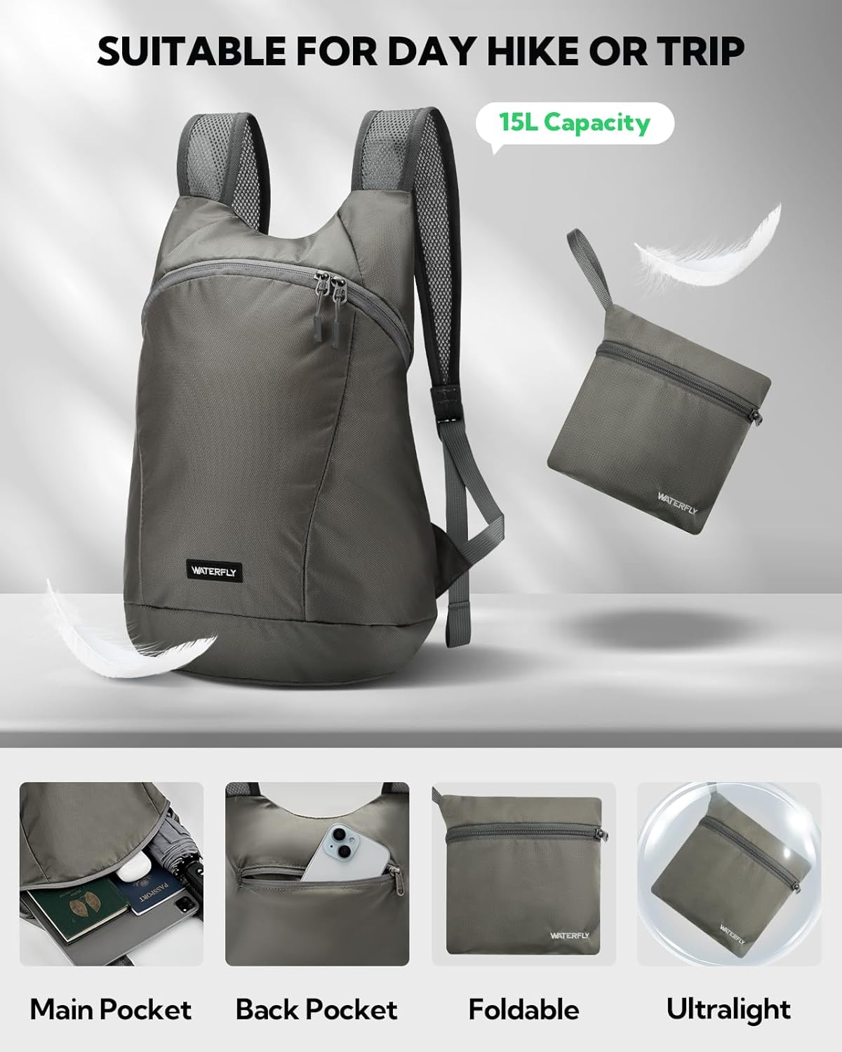 WATERFLY Foldable Lightweight Hiking Backpack: 15L Packable Traveling Daypack Men Women Ultralight Thin Casual Day Pack Bag for Outdoor Sports Camping Beach Park (Gray)