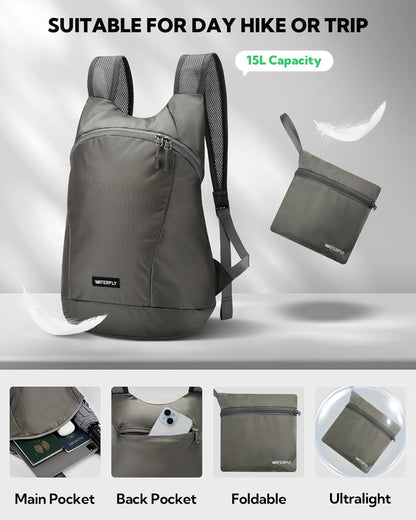 WATERFLY Foldable Lightweight Hiking Backpack: 15L Packable Traveling Daypack Men Women Ultralight Thin Casual Day Pack Bag for Outdoor Sports Camping Beach Park (Gray)