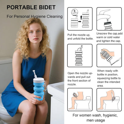 Collapsible Handheld Bidet Portable With Retractable and Angle-Adjustable Nozzle,Hook,300ML,Silicone Peri Bottle For Personal Hygiene Cleaning,Outdoors Camping & Travel,Bidet Sprayer for Women Men 1Pc