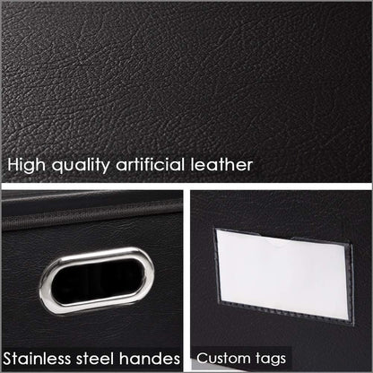 PRANDOM Foldable Storage Bins with Lids [5-Pack] Leather Fabric Collapsible Storage Boxes Organizer Containers Baskets Cube with Cover for Bedroom Closet Office Nursery Black (14.9x10.8x10)