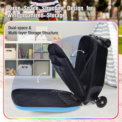 20" Scooter Suitcase for Kids, 2-in-1 Ride On Luggage with Wheels for Boys & Girls Ages 4-15, Foldable Hardshell Carry On Lightweight Travel Suitcase for Airplane