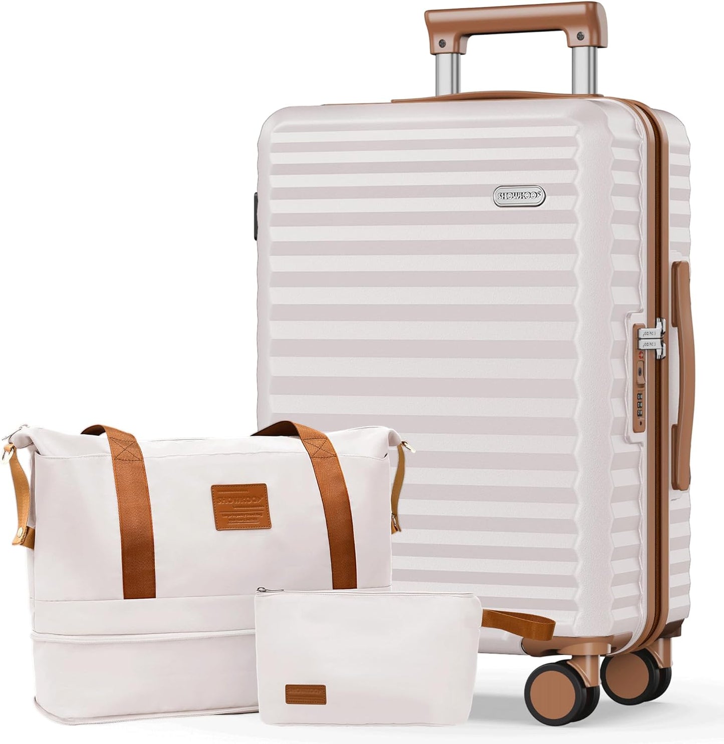 SHOWKOO Suitcase Hardside Expandable Luggage Set, Suitcase with Double Spinner Wheels TSA Lock 3 Piece Set Beige White (DB/TB/28in)