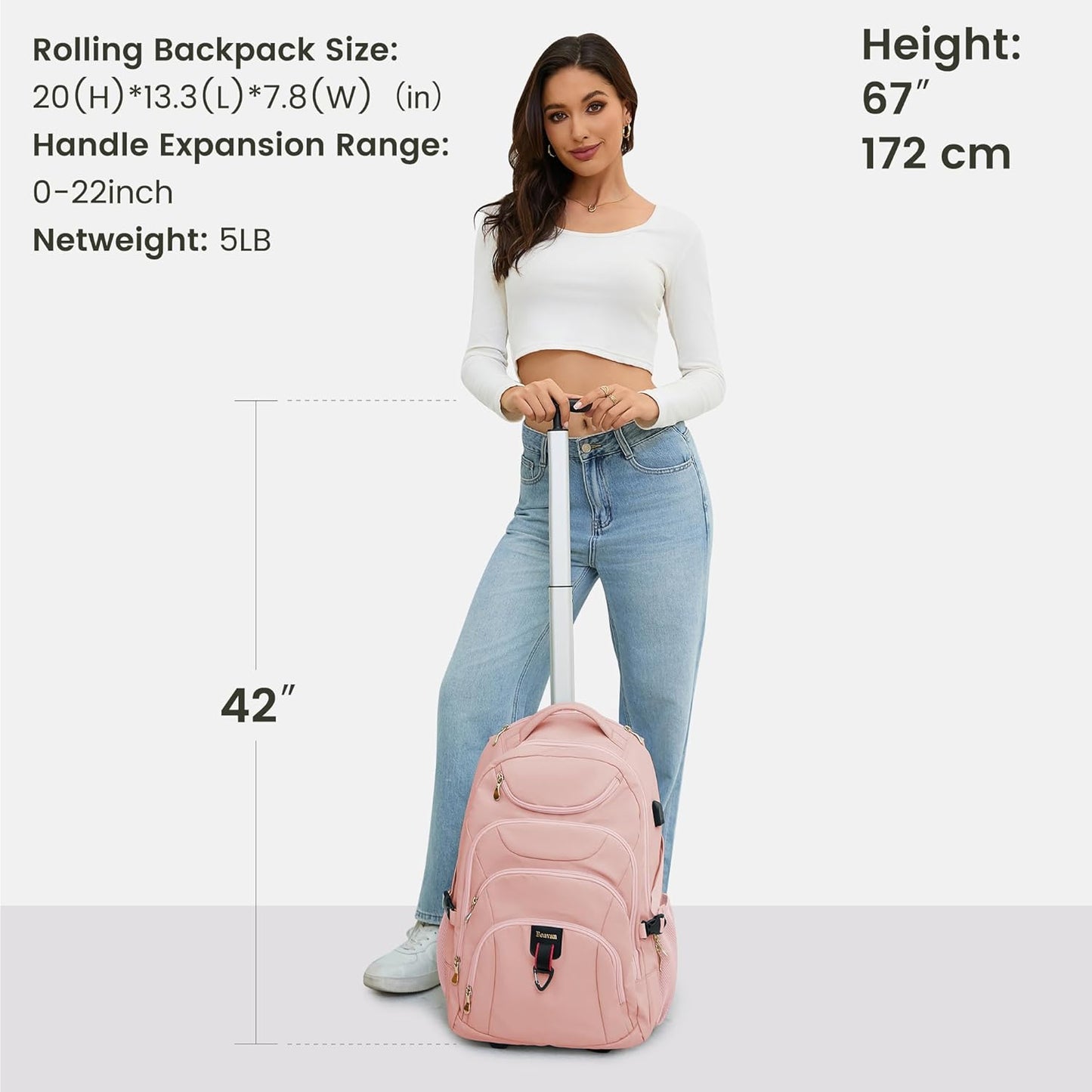 Boavan Rolling Backpack for Women, 17.3 Inch Wheeled Laptop Backpack,Large Travel Carry-On Bag for Teachers College Students, USB Charging Port Waterproof Business for Airplane Overnight Luggage，Pink