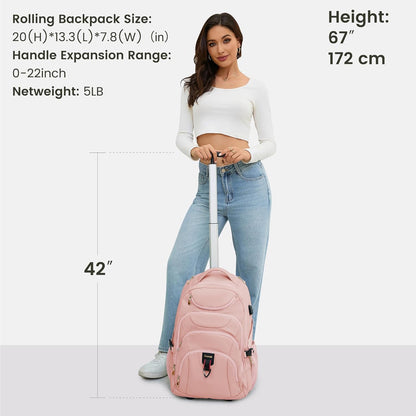 Boavan Rolling Backpack for Women, 17.3 Inch Wheeled Laptop Backpack,Large Travel Carry-On Bag for Teachers College Students, USB Charging Port Waterproof Business for Airplane Overnight Luggage，Pink