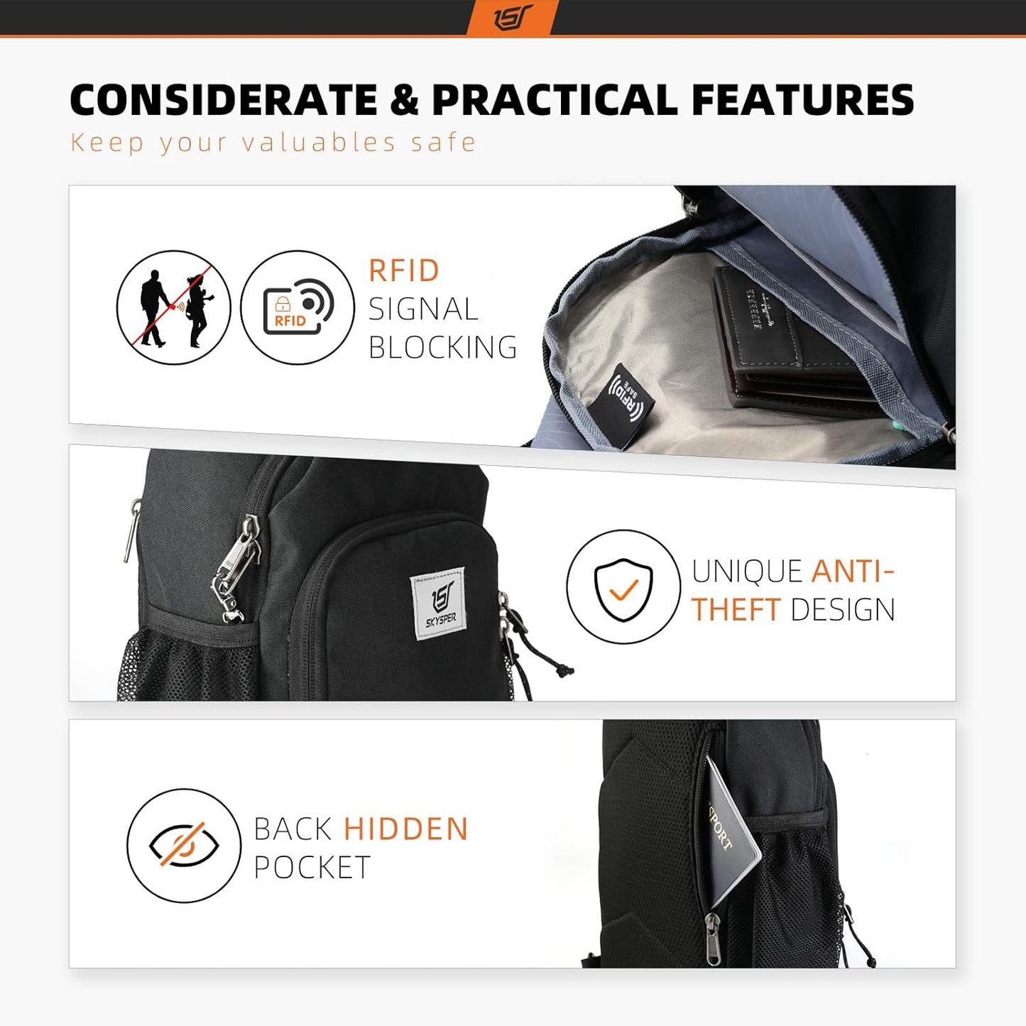 SKYSPER Sling Bag RFID Crossbody Sling Backpack Cross Body Shoulder Bag Travel Hiking Daypack for Women Men