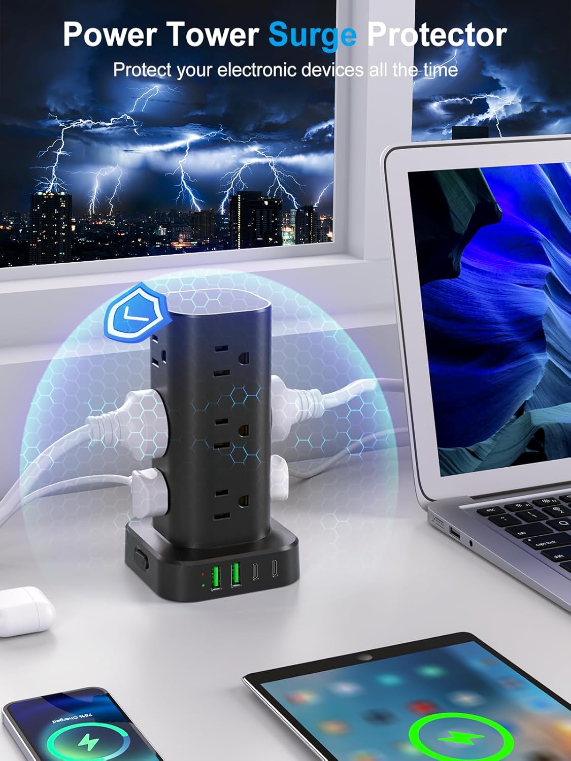 Power Strip with Wireless Charger, Flat Plug Surge Protector with 6FT Extension Cord, 12 AC Multiple Outlets, 4 USB (2 USB C), 15W Wireless Charging Power Tower for Home Office Dorm, Black