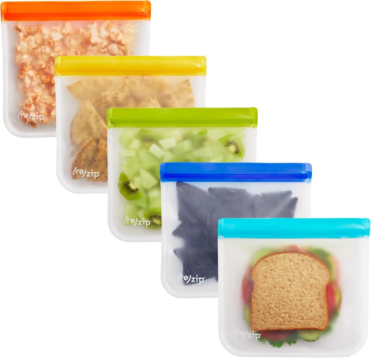 (re) zip 5-pack Reusable Sandwich Lunch Food Storage Bags | BPA-Free, Food Grade, Leakproof, Freezer Safe, Dishwasher Safe, Travel Friendly | Multicolor for Easy Organization