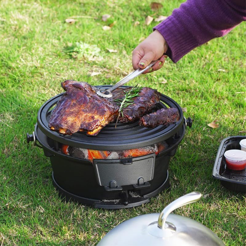 Round Mini Hibachi Grill Outdoor, Portable Small Charcoal Camping Barbecue Grill, 100% Cast Iron, Durable - Coal Door, Draft Door, Ideal for 2 People