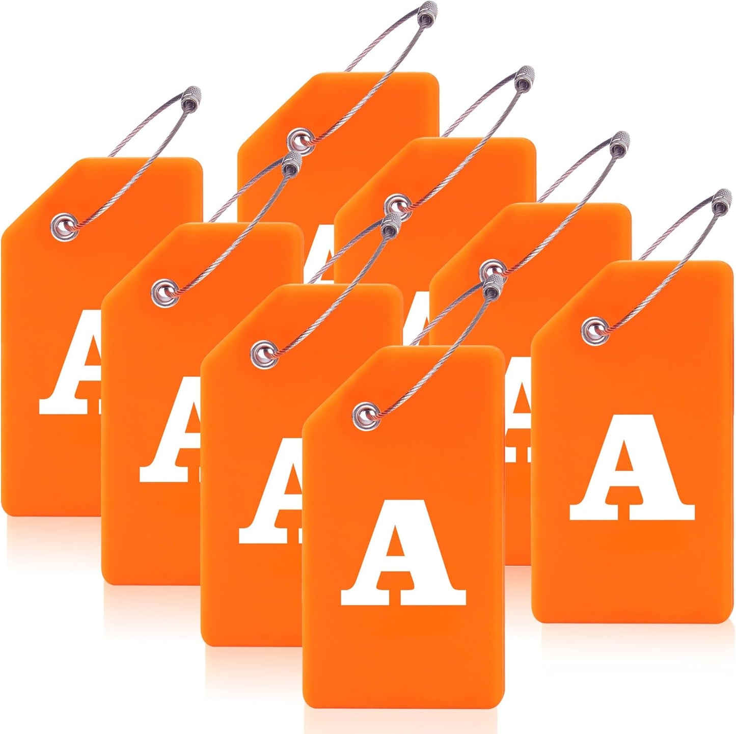 8 Pcs Luggage Tags for Suitcases, 26 Initial Letter Travel Luggage Baggage Identification Labels ID Tags Fully Bendable Tags with Stainless Steel Loop (Letter A, Orange)