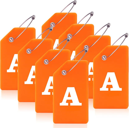 8 Pcs Luggage Tags for Suitcases, 26 Initial Letter Travel Luggage Baggage Identification Labels ID Tags Fully Bendable Tags with Stainless Steel Loop (Letter A, Orange)