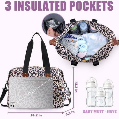Tuwubi Diaper Bag Tote,Baby Diaper Bag with Pacifier Case Large Travel Diaper Tote Caddy for Mom and Dad Multifunction Large Baby Bag - M-Leopard Print