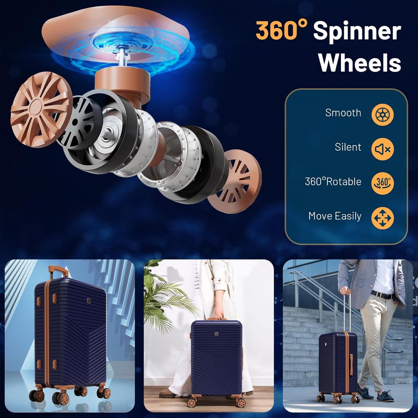 Hoteel 4 Piece Luggage Set (4-YEAR WARRANTY) with Spinner Wheels & TSA Lock, Carry on Luggage Hardshell ABS+PC, Travel Collection Suitcases Sets, Dark Blue(13/20",Travel Bag,Cosmetic Bag)