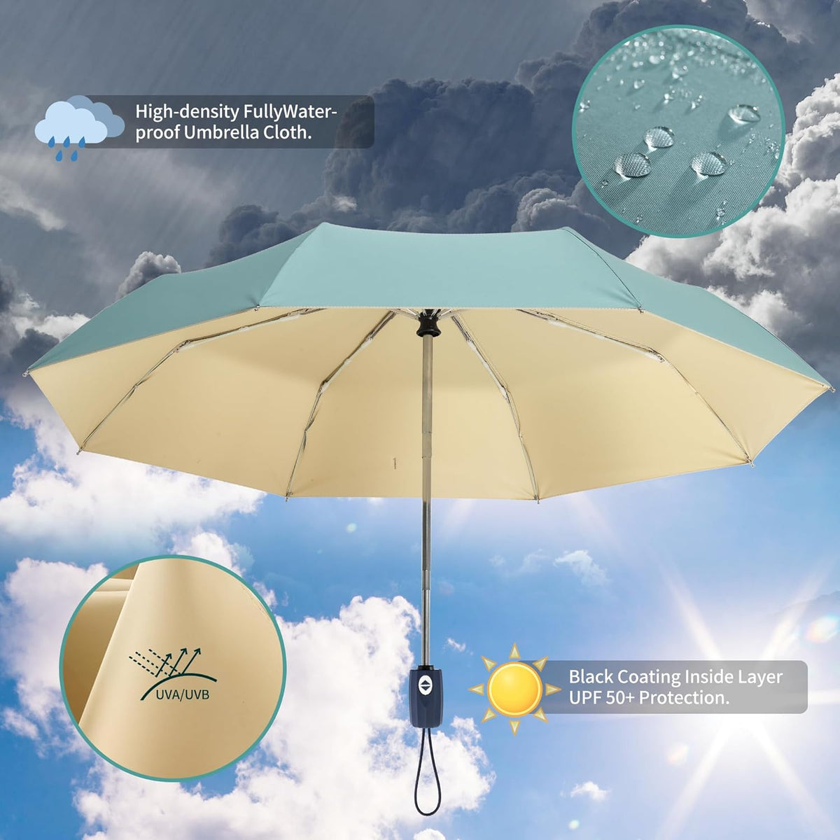 Color Glue Coating Sun Umbrella UV Protection Compact Folding Windproof Parasols Travel Auto Open Close Blocking UV 99.98%