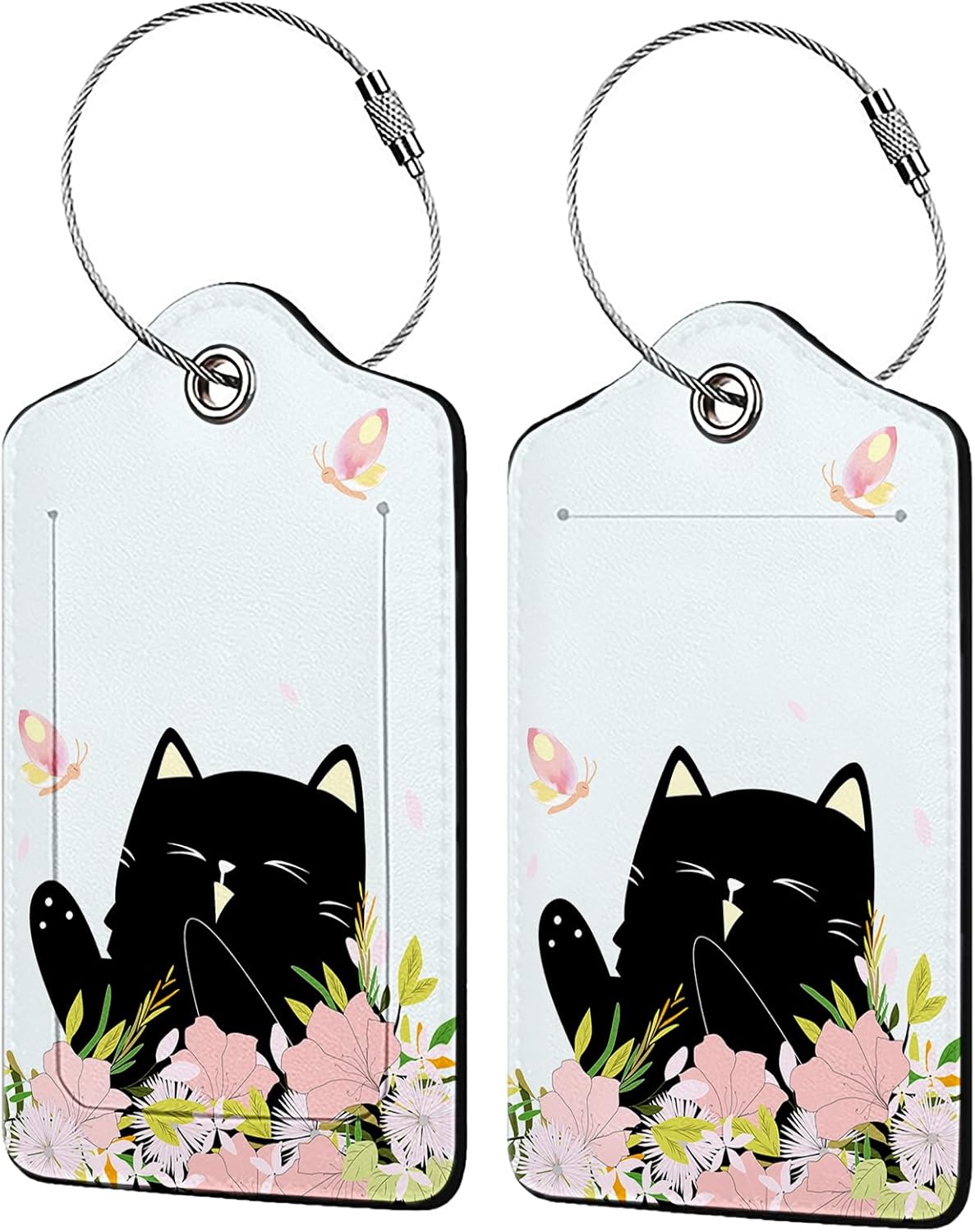 Smiling Black Cat Among Flowers 2 Pack Luggage Tag for Suitcase, Leather Bag Tags Identifiers Privacy Cover ID Label with Steel Loop for Women Men Kids Girls Travel