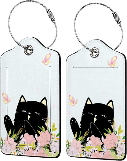 Smiling Black Cat Among Flowers 2 Pack Luggage Tag for Suitcase, Leather Bag Tags Identifiers Privacy Cover ID Label with Steel Loop for Women Men Kids Girls Travel