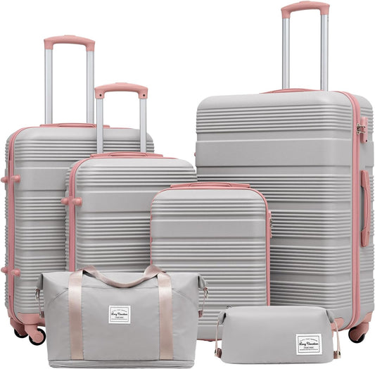 LONG VACATION 6 Piece ABS+PC Hardshell Luggage Set with Spinner Wheels, Lightweight suitcase set with TSA Lock & YKK Zipper