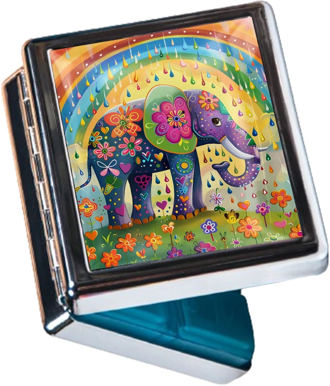 8‑Compartment Metal Pill Box Organizer – Portable Medicine Case 3″×2.6″ | Food‑Grade Dividers | Secure Snap Button Lid | Travel & Gift for Seniors (Rainbow Elephant Parade)