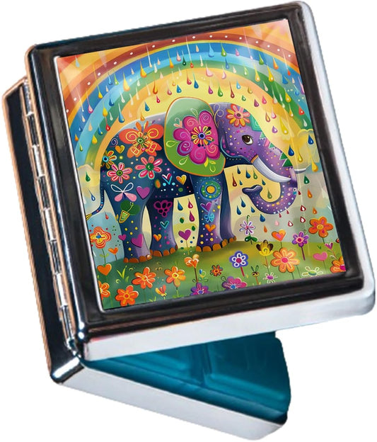 8‑Compartment Metal Pill Box Organizer – Portable Medicine Case 3″×2.6″ | Food‑Grade Dividers | Secure Snap Button Lid | Travel & Gift for Seniors (Rainbow Elephant Parade)