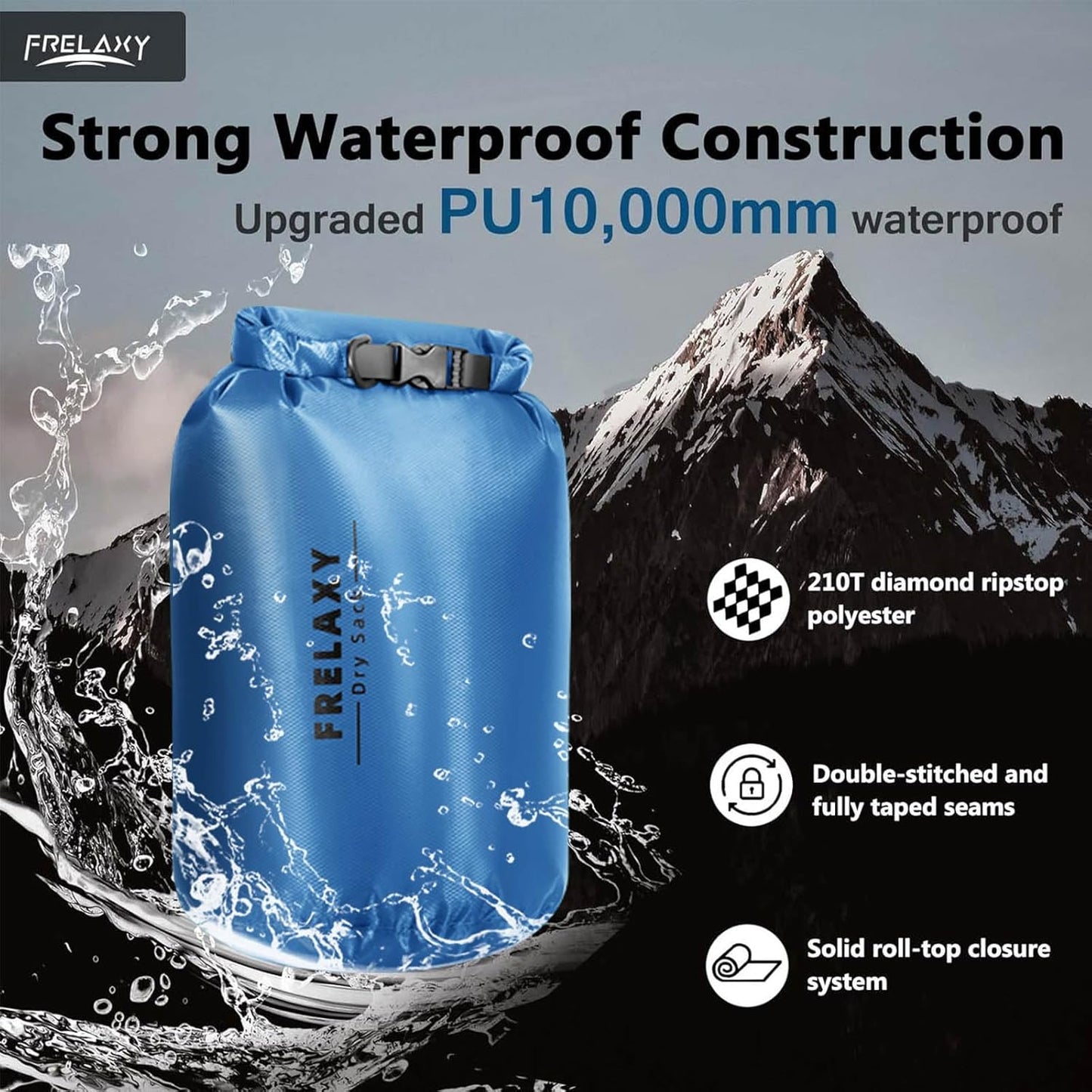 Frelaxy Waterproof Dry Bag 2 Pack/3 Pack, Lightweight Portable Dry Bags, 5L & 15L & 25L Durable Dry Sack Set Keep Gear Dry for Hiking, Camping, Boating, Backpacking, Kayaking (3 Pack - Blue)