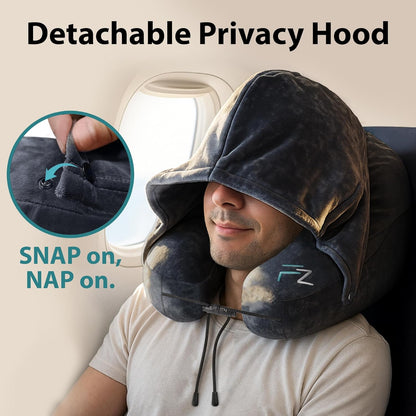 Air Inflatable Neck Pillow for Traveling on Plane - H-Shape Hooded Airplane Pillow with 5 Snooze Modes, Fast Inflation, Pressure Control, Cozy Clip-On Hood & Plushy Cover - Size L, Jet Black
