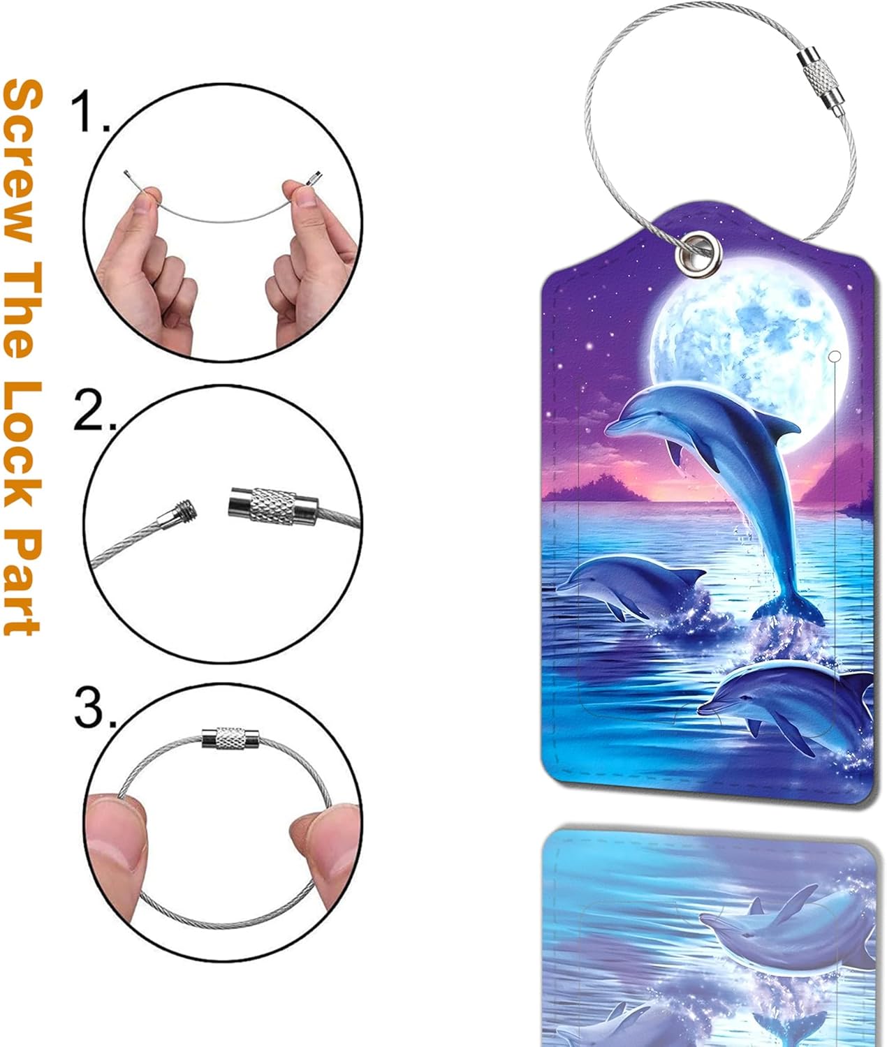 2 Pack Luggage Tag for Suitcase, Cute Unique Leather Bag Tags Identifiers Privacy Cover ID Label with Durable Steel Loop for Women Men Kids Girls Travel，DolphinA