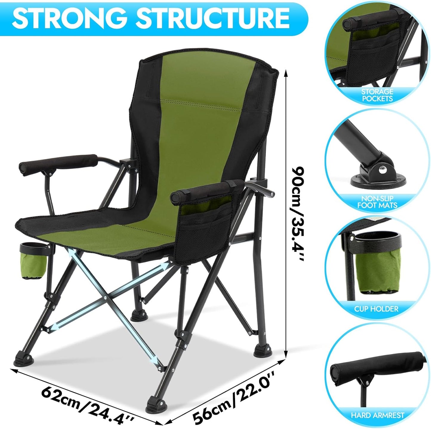 Oversized Folding Camping Chair for Adults, Supports 450 LBS Camping Chairs, Heavy Duty Camping Chair with Side Pockets, Foldable Outdoor Chair for Camping, Beach, Fishing, Hiking, Green-Black