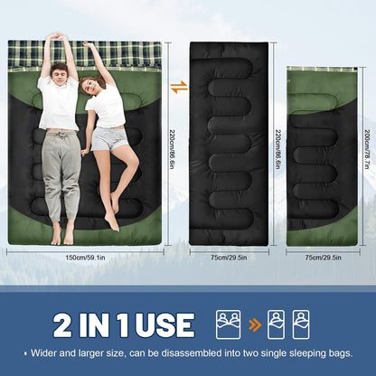 Double Sleeping Bag for Adults Machine Washable 2 Person Camping Sleeping Bag Queen Size Waterproof with Compression Sack for Cold Weather 3-4 Seasons