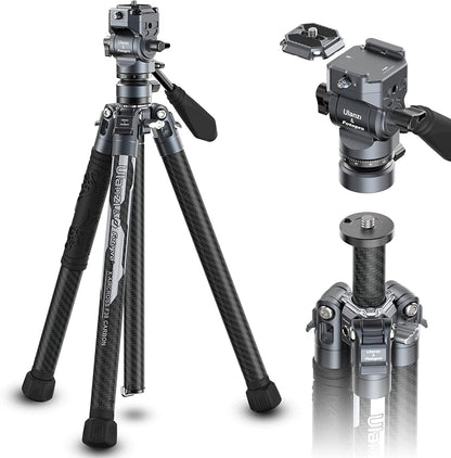ULANZI F38 Video Travel Tripod, 61.4" Lightweight Carbon Fiber Camera Tripod with Quick Release 1/4" Screw & Video Head, for Most Cameras/DSLR/Projector, Weight 2.38lbs, Maxload 22lbs