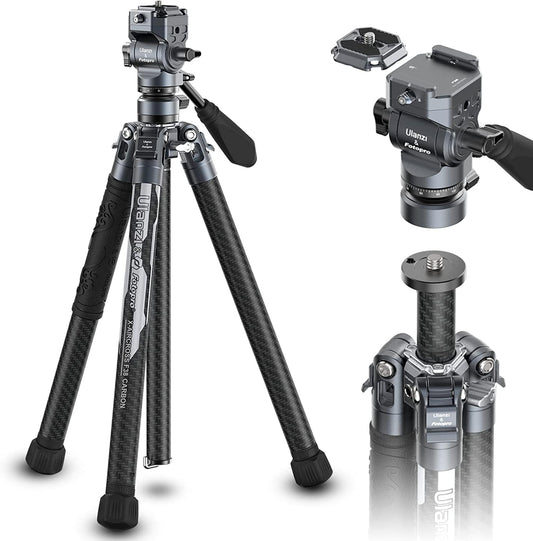 ULANZI F38 Video Travel Tripod, 61.4" Lightweight Carbon Fiber Camera Tripod with Quick Release 1/4" Screw & Video Head, for Most Cameras/DSLR/Projector, Weight 2.38lbs, Maxload 22lbs