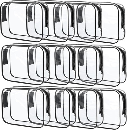 12 Pcs Clear Cosmetic Bag PVC Waterproof Zippered Clear Toiletry Carry Pouch Cosmetic Makeup Bag for Women Men Vinyl Plastic Organizer Case for Vacation Bathroom (Large, Black)