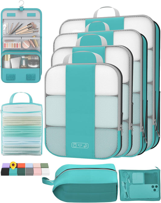 8 Set Compression Packing Cubes for Travel Essentials,Compressible Expandable Packing Cubes for Suitcase,OlarHike Luggage Organizer Bags for Travel,Handy Helper for Organizing Clothes(Blue Green)