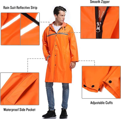 Mens Long Hooded Safety Rain Jacket Waterproof Emergency Raincoat Poncho - Image 3