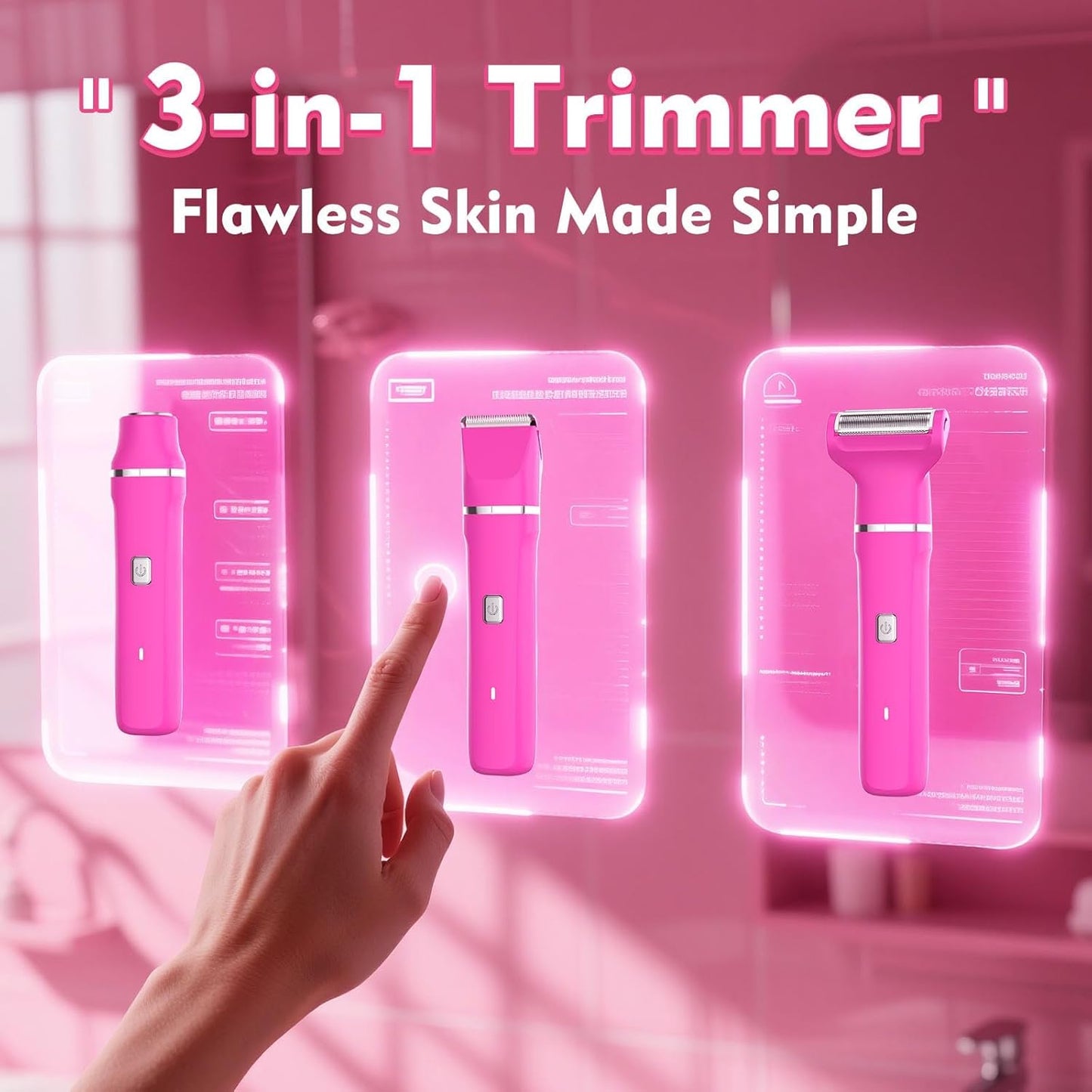 Electric Razors for Women - IPX7 Waterproof Pubic Hair Remover for Shower & Travel, 3-in-1 Bikini Trimmer with Body/Round/Curved Heads, Hypoallergenic Foil & Ceramic Blades, Self-Care Gifts for Her