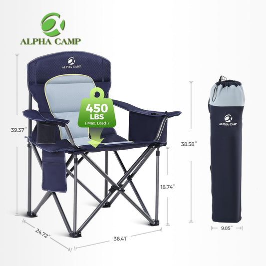 ALPHA CAMP Oversized Camping Chair Heavy Duty Lawn Chair with Cooler Bag Support 450 LBS Steel Frame Collapsible Padded Arm Quad Lumbar Back Folding Chair for Lawn Outdoor