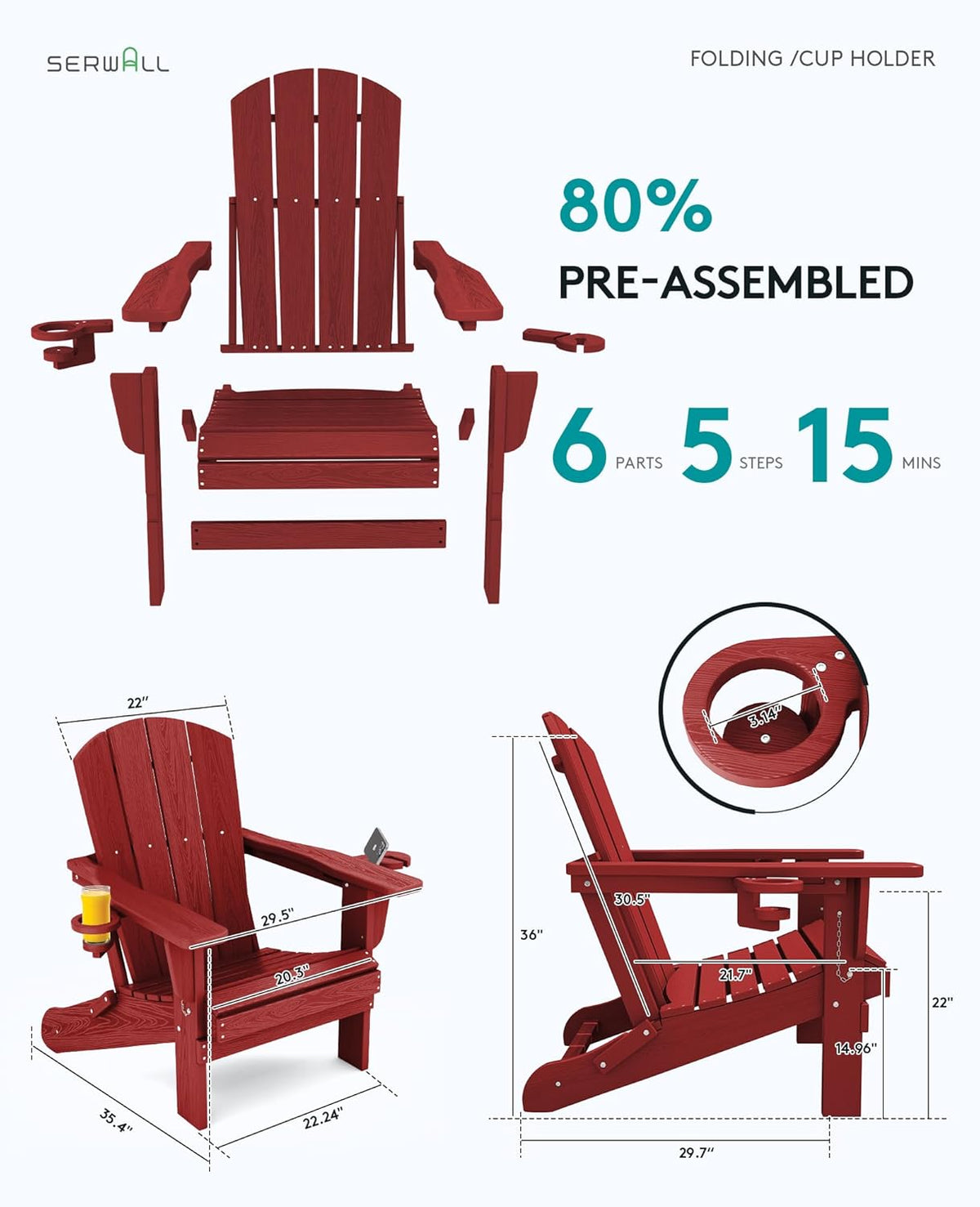 SERWALL Adirondack Chair with Cup Holders - Composite Adirondack Chairs HDPE Outdoor Chairs All Weather Use- Dark Red