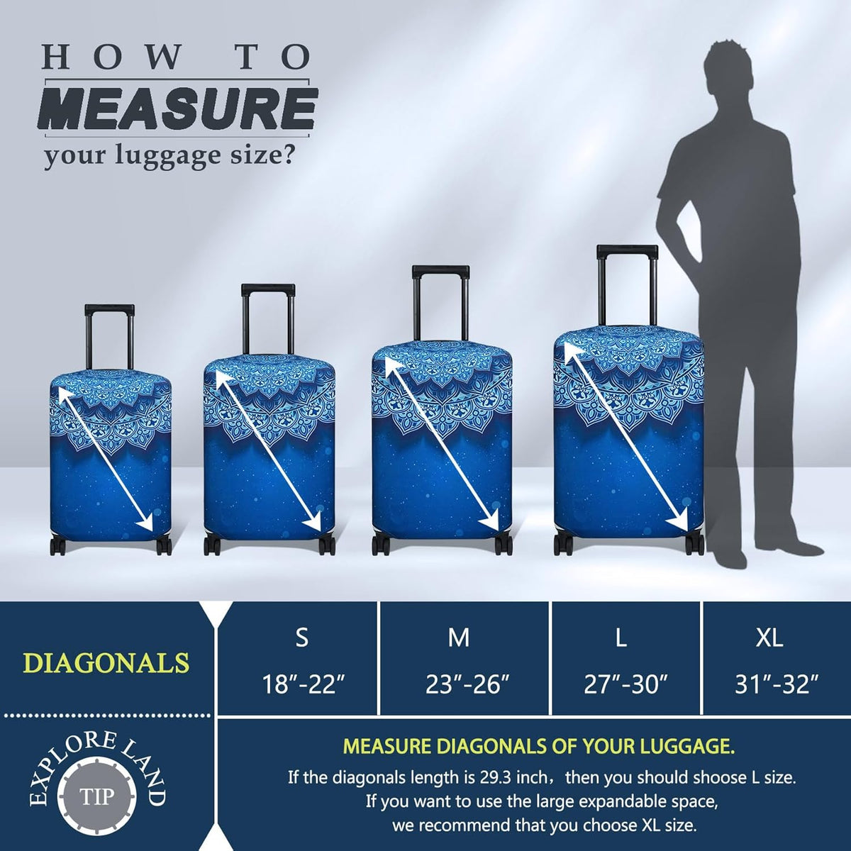 Explore Land Travel Luggage Cover Suitcase Protector Fits 31-32 Inch Case (Blue Violets, XL)