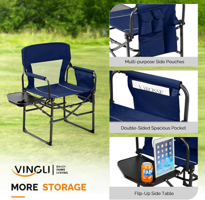 VINGLI Camping Chairs, Directors Chair, Camping Chair with Side Table & Carry Bag，Heavy Duty Camping Chairs for Adults,Portable Folding Camping Chair 2 Pack, for Beach, Fishing,Trip,Picnic,Lawn-Blue