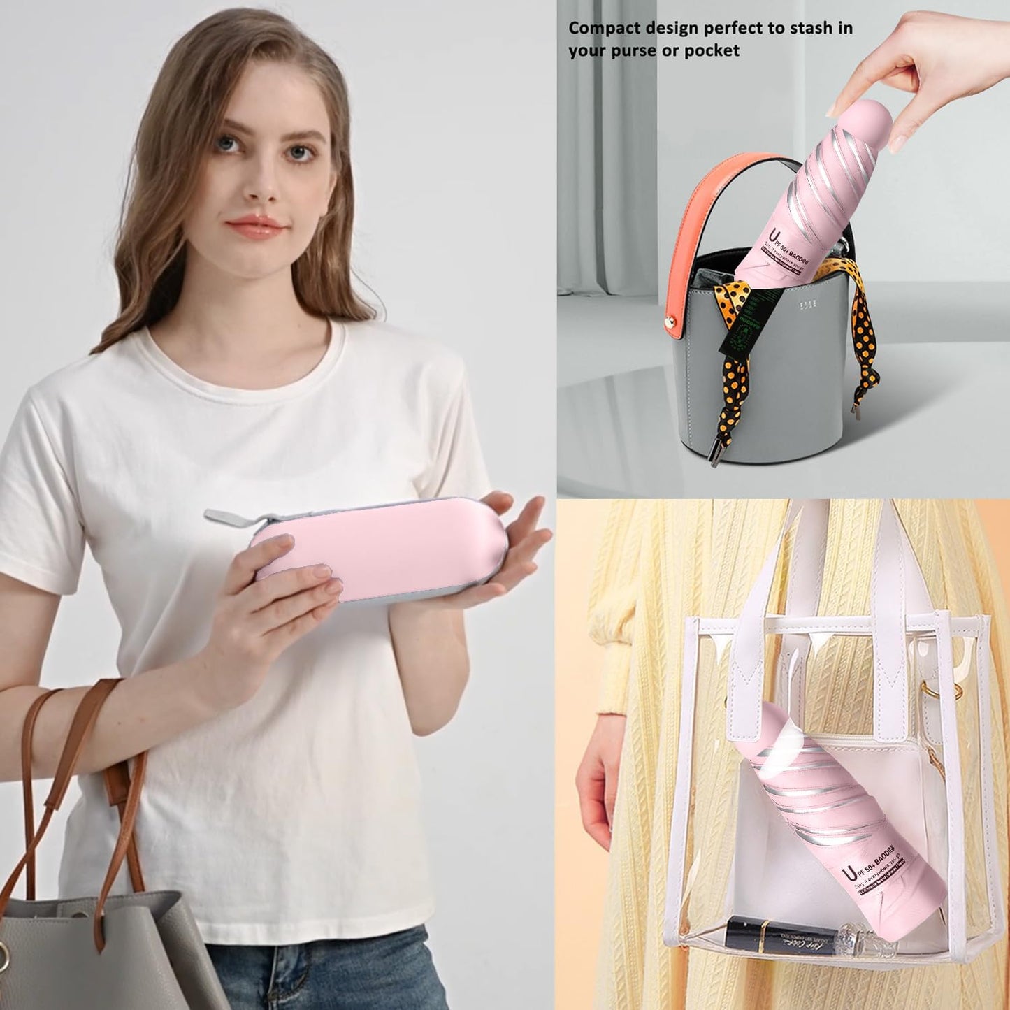 BAODINI Travel Mini Umbrella for Purse With Case Small Compact UV Sun Protection Sun Lightweight Tiny Pocket Umbrella for Women Girls and Men