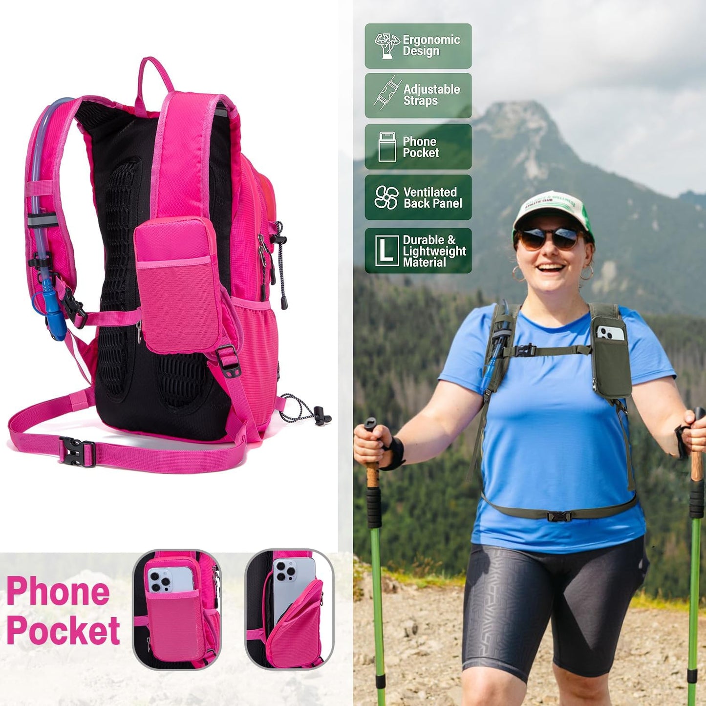 Insulated Hydration Backpack Pack with 2L Water Bladder Lightweight 22L Hiking Backpack Bag for Women Men Daypack for Hiking Running Festival Camping Biking