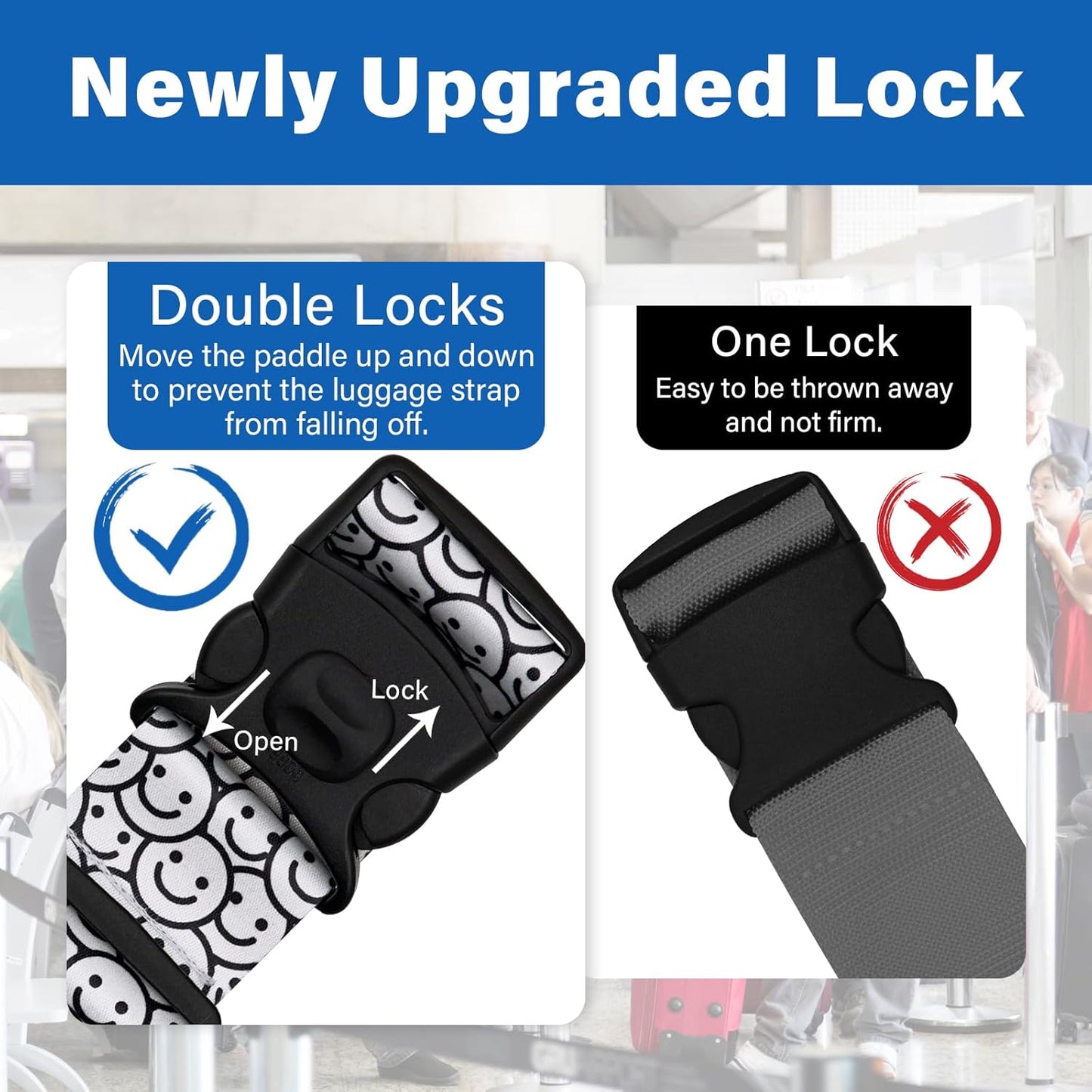 2 Pack Luggage Straps for Suitcases, Adjustable Travel Belt with Double Lock and Quick Release Buckle, Heavy Duty Nylon Bag Packing Strap, Bright Identifiers Business Travel Accessories-White Smiles